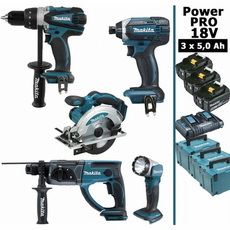 Pack Makita Power PRO 18V: Perceuse 91Nm DDF458 + Scie circulaire 165mm DSS610 + Perforateur 2J DHR202 + Visseuse à chocs 165Nm