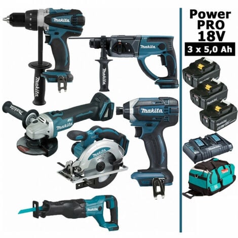 Pack Makita Power PRO 6 outils 18V: DDF458 + DGA504 + DTD152 + DHR202 + DSS610 + DJR186 + 3 batt 5Ah + sac