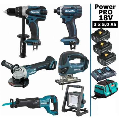 Pack Makita Power PRO 6 outils 18V: DDF458 + DGA504 + DTD152 + DJV180 + DJR186 + Projecteur + 3 batt 5Ah + sac