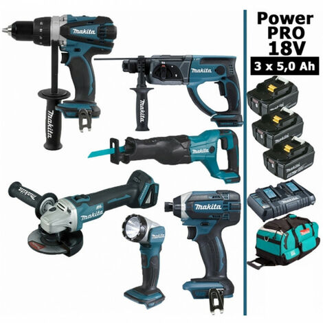 Pack Makita Power PRO 6 outils 18V: DDF458 + DHR202 + DGA504 + DTD152 + DJR186 + Lampe + 3 batt 5Ah + sac