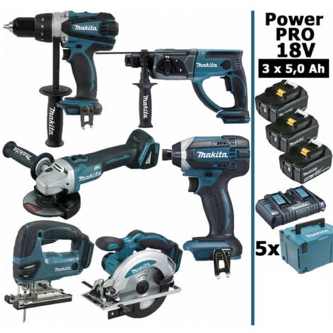 Pack Makita Power PRO 6 outils 18V: DDF458 + DHR202 + DGA504 + DTD152 + DJV180 + DSS610 + 3 batt 5Ah + 5 Coffrets