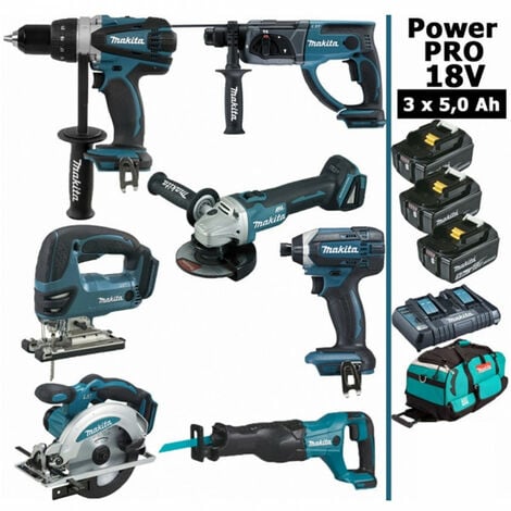 Pack Makita Power PRO 7 outils 18V: Perceuse DDF458 + Perfo DHR202 + Meuleuse DGA504 + Visseuse à choc DTD152 + Scie sauteuse DJV180 + Scie circulaire DSS610 + Scie récipro DJR186 + 3 batt 5Ah + sac MAKITA