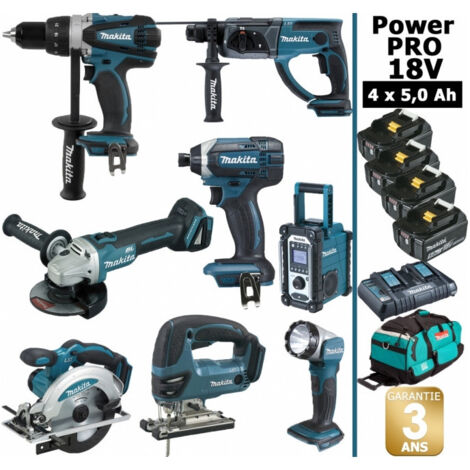 Pack Makita Power PRO 8 outils 18V: DDF458 DHR202 DGA504 DTD152 DJV180 DSS610 DMR107 Lampe DEADML805 4 batt 5Ah 5 Coffrets