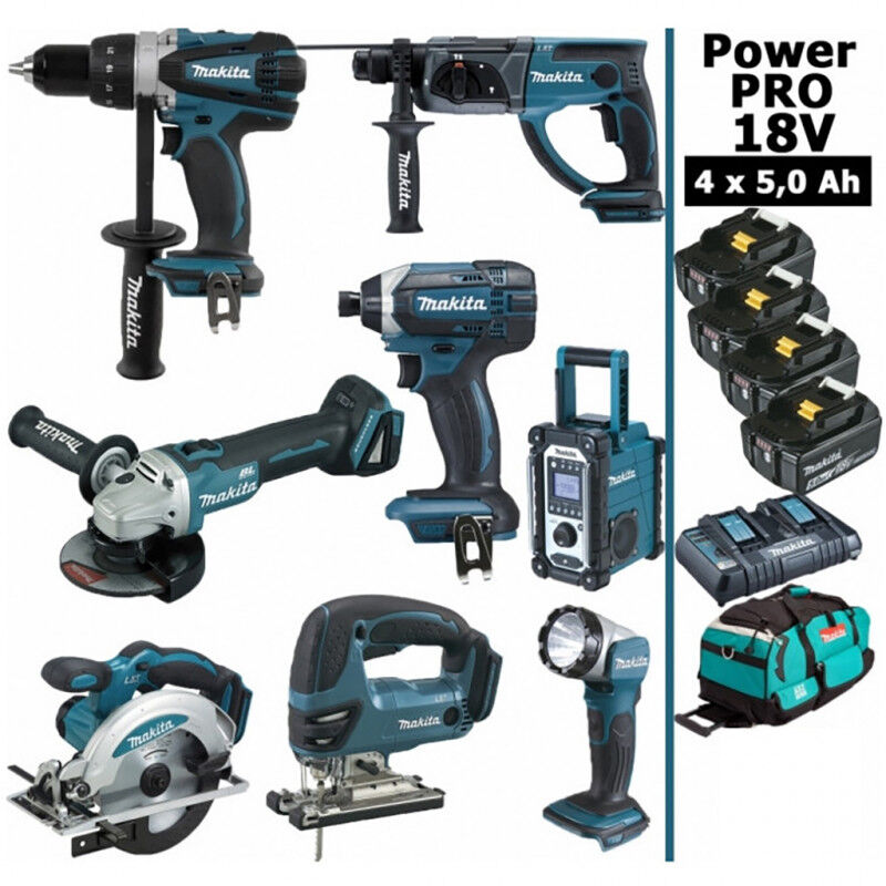 Makita Pack Power pro 8 outils 18V: DDF458 + DHR202 + DGA504 + DTD152 + DJV180 + DSS610 + DMR108 + DEADML802 + 4 batt 5Ah + sac