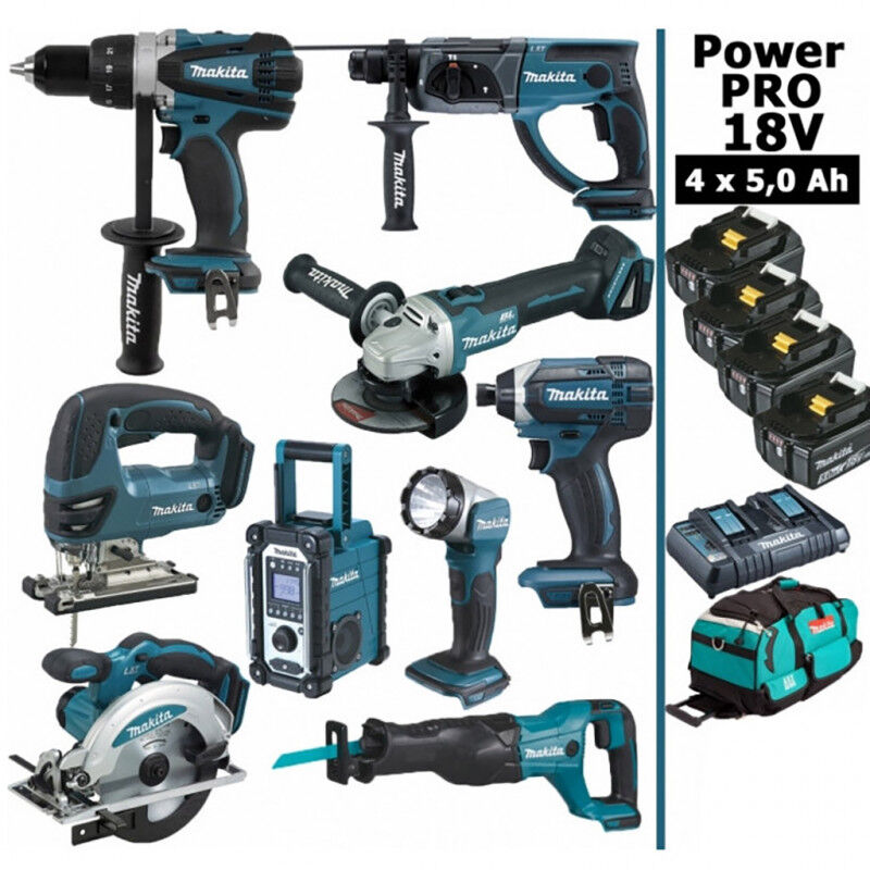 Makita - Pack Power pro 9 outils 18V: DDF458 DHR202 DGA504 DTD152 DJV180 DSS610 DJR186 DMR108 DEADML802 + 4 batt 5Ah + sac
