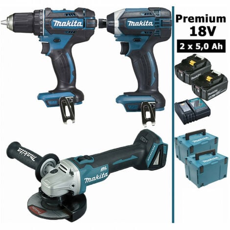 Pack Makita Premium 18V 5Ah: Perceuse 62Nm DDF482 + Meuleuse 125mm DGA504 + Visseuse 165Nm DTD152 + 2 batteries + 2 Coffrets