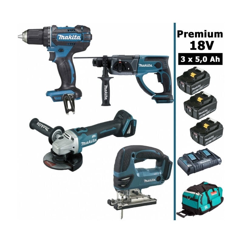 Makita - Pack Premium 4 machines 18V 5Ah: Perceuse DDF482 + Meuleuse DGA504 + Perforateur DHR202 + DJV180 + 3 batteries + sac
