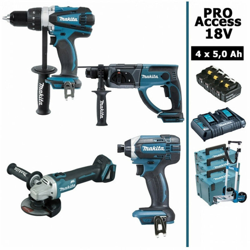 Pack Makita Pro 18v 5ah Perceuse 91nm Ddf458 Meuleuse 125mm Dga504 Perforateur 2j Dhr202 Visseuse A Chocs 165nm Dtd152 4 Batteries 3 Makpac Chariot Trolley Mak4444rt4jd Makita