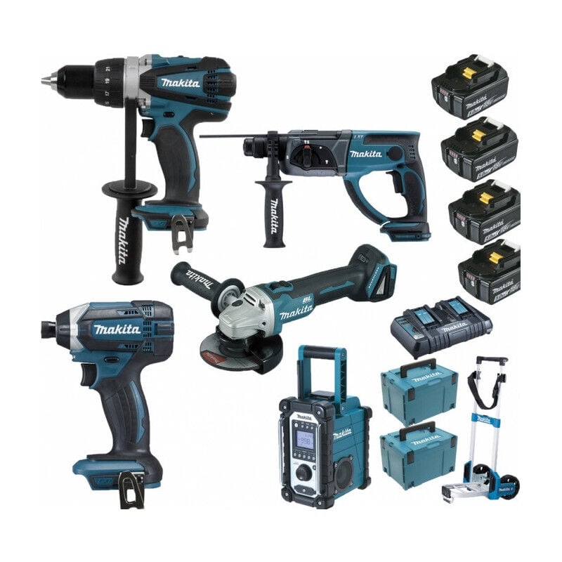 Makita - Pack Pro 18V 5Ah: Perceuse 91Nm DDF458 + Meuleuse 125mm DGA504 + Perforateur 2J DHR202 + Visseuse à chocs 165Nm DTD152 +