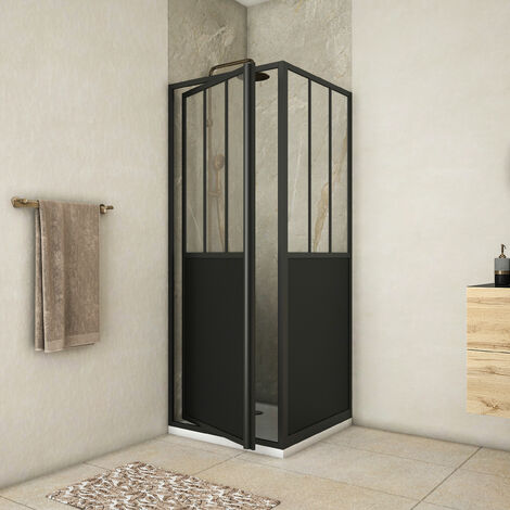 Pack Mampara de Ducha Abatible y una Mampara Fija 'Tipo Atelier' - Negro mate - 80x80x200 cm