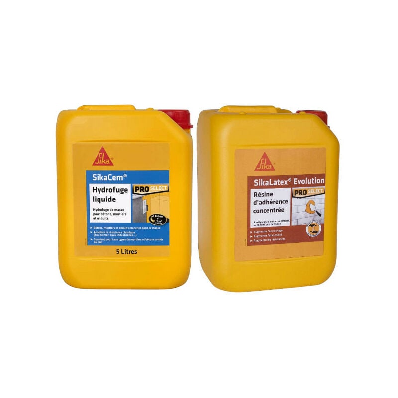 Pack Maçonnerie Sika Hydrofuge de masse liquide Sika Cem 5L - Résine d'adhérence Sika Latex evolution 5L