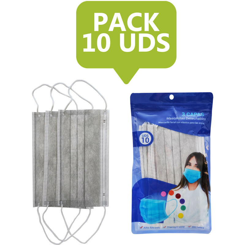 

PACK MASCARILLA HIGIÉNICA DE 3 CAPAS 10 UDS Gris