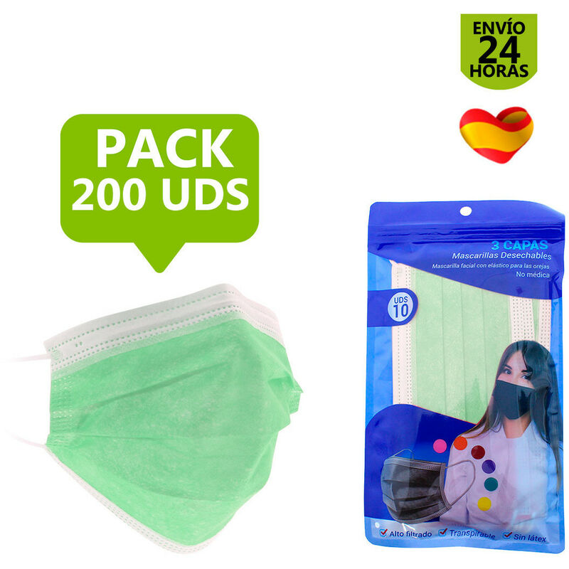 

Mascarilla higiénica de colores de 3 capas. Pack de 200, 300 y 500 uds. Verde 300