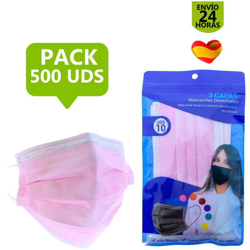 

Mascarilla higiénica de colores de 3 capas. Pack de 200, 300 y 500 uds. Rosa 500