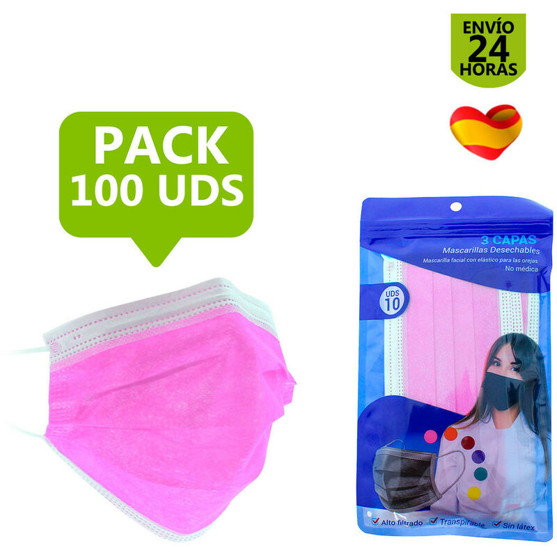 

Mascarilla higiénica de colores de 3 capas. Pack de 50 y 100 uds Fucsia 100