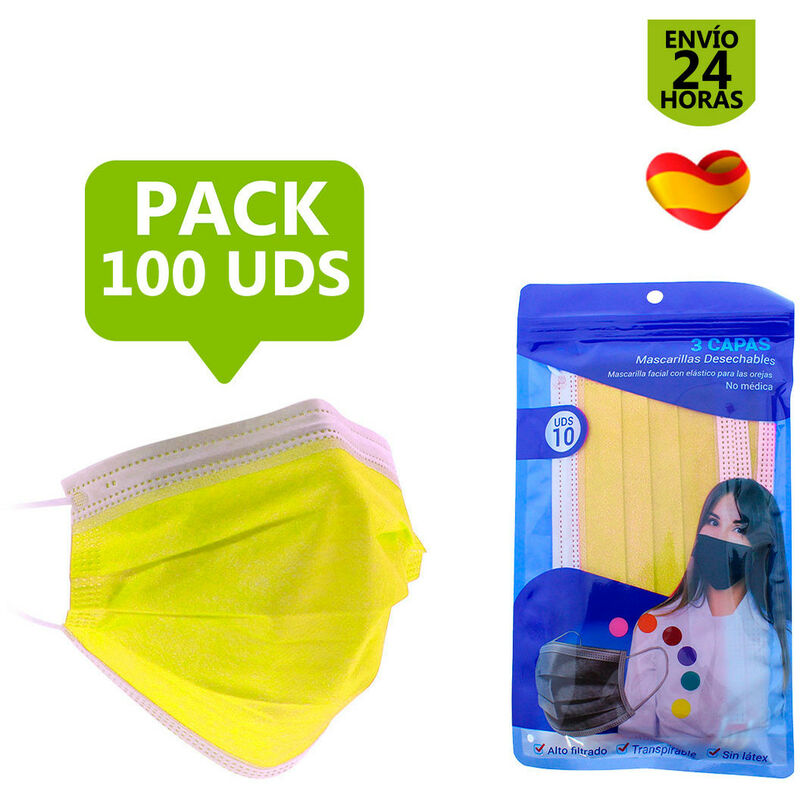 

Mascarilla higiénica de colores de 3 capas. Pack de 50 y 100 uds Amarillo Fluor 100