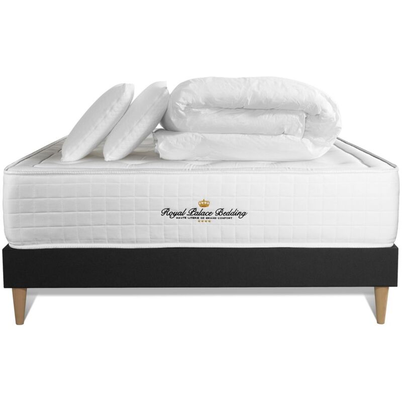 Ensemble matelas sommier Buckingham 160 x 200 cm - Couleur : Noir avec 2 oreillers et couette