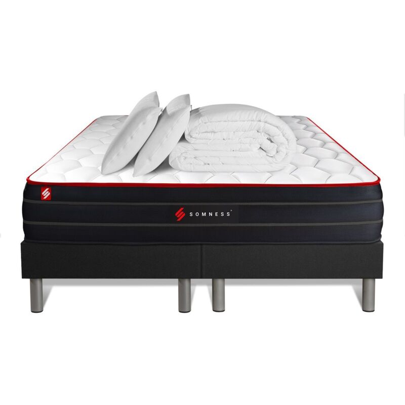 Somness - Ensemble matelas sommier Boost 200 x 200 cm - Couleur : Noir avec 2 oreillers et couette