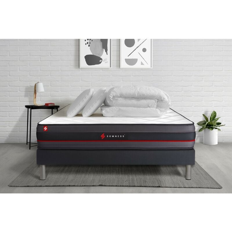 Ensemble matelas sommier Regen 140 x 200 cm - Couleur : Noir avec 2 oreillers et couette