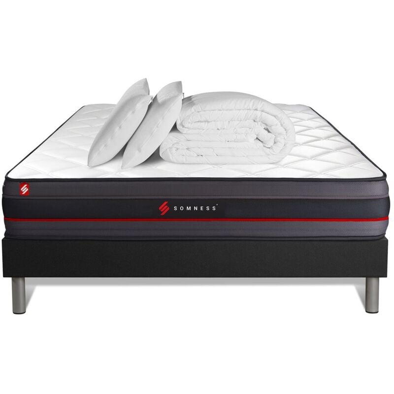 Ensemble matelas sommier Regen 160 x 200 cm - Couleur : Noir avec 2 oreillers et couette