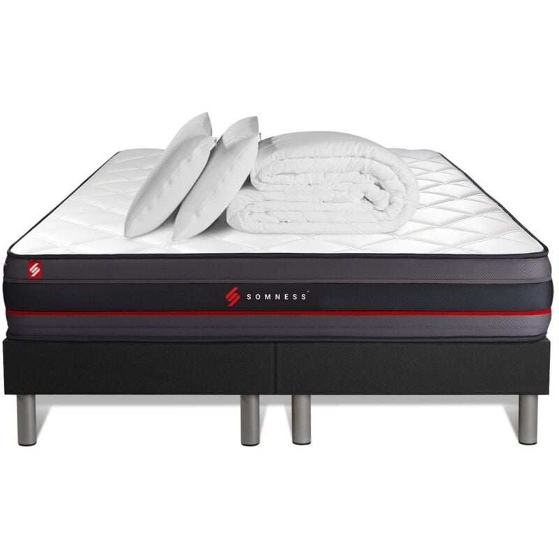 Ensemble matelas sommier Regen 200 x 200 cm - Couleur : Noir avec 2 oreillers et couette