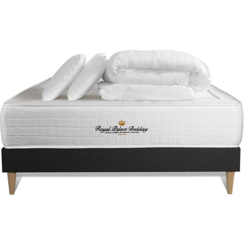 Ensemble matelas sommier Windsor 140 x 200 cm - Couleur : Noir avec 2 oreillers et couette