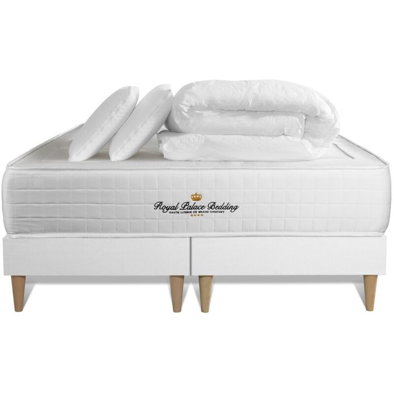 Ensemble matelas sommier Windsor 180 x 200 cm - Couleur : Blanc avec 2 oreillers et couette