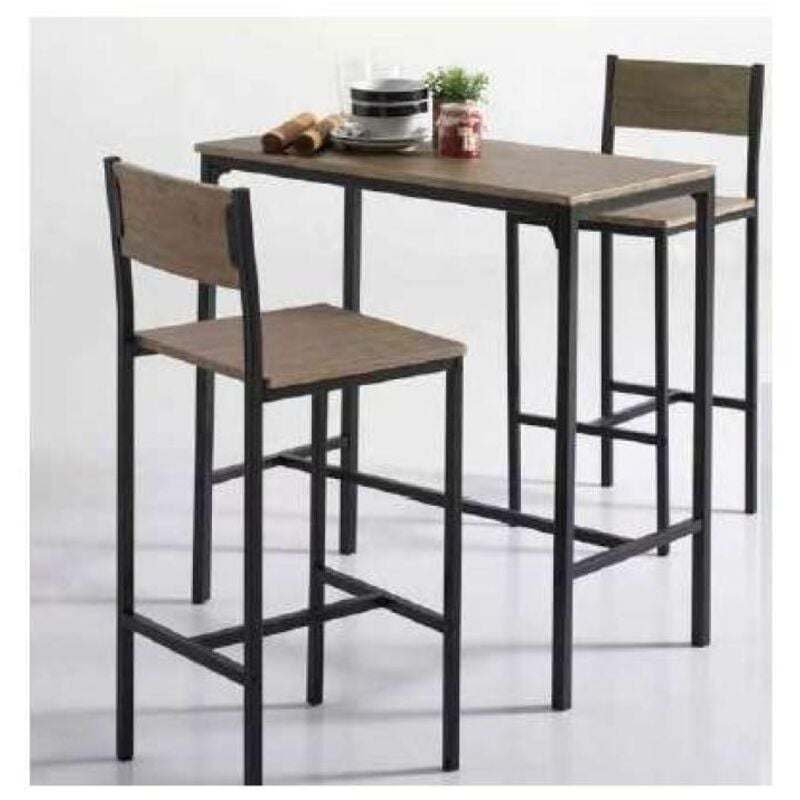 

Kitcloset - Pack mesa cocina alta + 2 taburetes altos en acabado color roble Color NOGAL-NEGRO