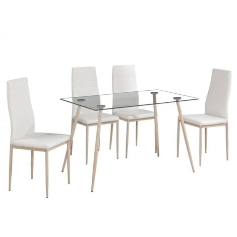 Conjunto Mesa Cristal Dima + 4 Sillas Meli Polipiel Camel Estilo