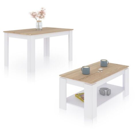 Pack mesa de comedor 123 y mesa de centro Lya Blanco Artik (Blanco Mate) - Roble Canadian 75cm (ancho) x 78cm (alto)
