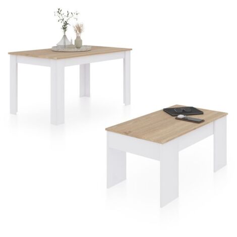 Pack mesa de comedor 123 y mesa de centro Vita Blanco Artik (Blanco Mate) - Roble Canadian 75cm (ancho) x 78cm (alto)