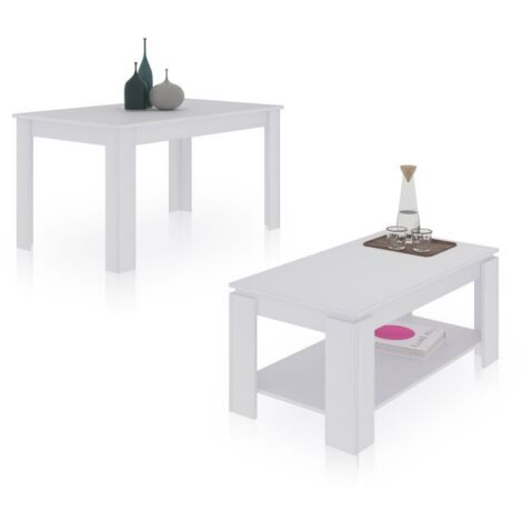 Pack mesa de comedor 140 y mesa de centro Lya Blanco Artik (Blanco Mate) 90cm (ancho) x 78cm (alto)