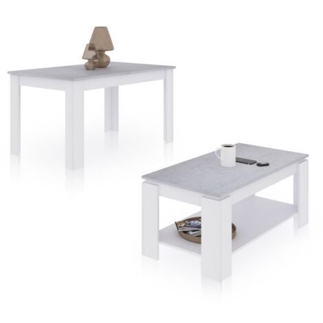 Pack mesa de comedor 140 y mesa de centro Lya Blanco Artik (Blanco Mate) - Gris Cemento 90cm (ancho) x 78cm (alto)