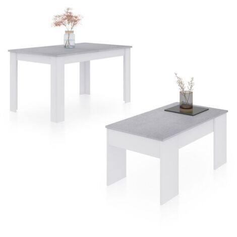 Pack mesa de comedor 140 y mesa de centro Vita Blanco Artik (Blanco Mate) - Gris Cemento 90cm (ancho) x 78cm (alto)