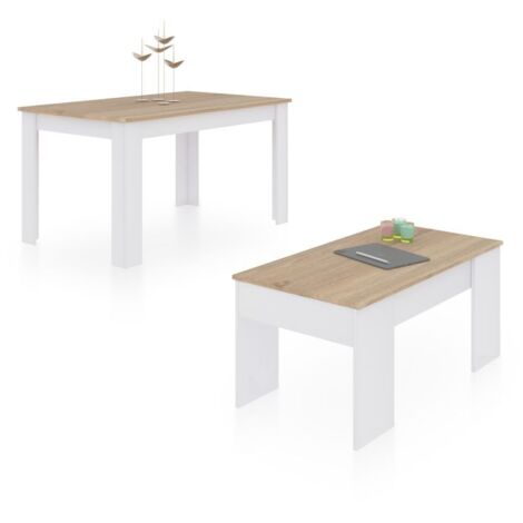 Pack mesa de comedor 140 y mesa de centro Vita Blanco Artik (Blanco Mate) - Roble Canadian 90cm (ancho) x 78cm (alto)