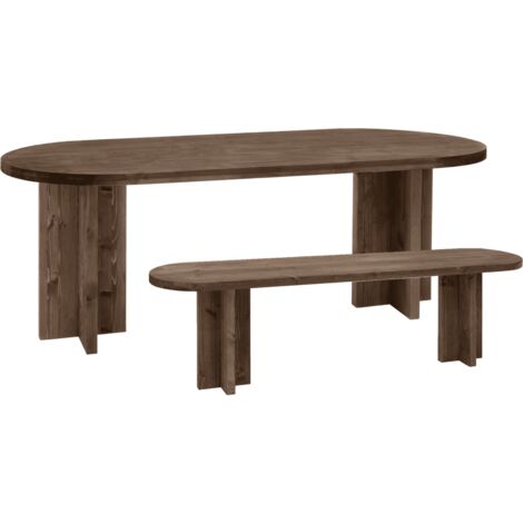 Pack mesa de comedor ovalada y banco de madera maciza en tono nogal de varias medidas