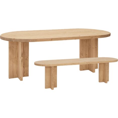 Pack mesa de comedor ovalada y banco de madera maciza en tono roble medio de varias medidas