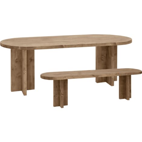 Pack mesa de comedor ovalada y banco de madera maciza en tono roble oscuro de varias medidas