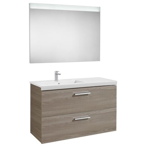 Pack meuble bas avec 2 tiroirs, lavabo et miroir LED PRISMA - ROCA Couleur : Frêne - Position du lavabo : Gauche