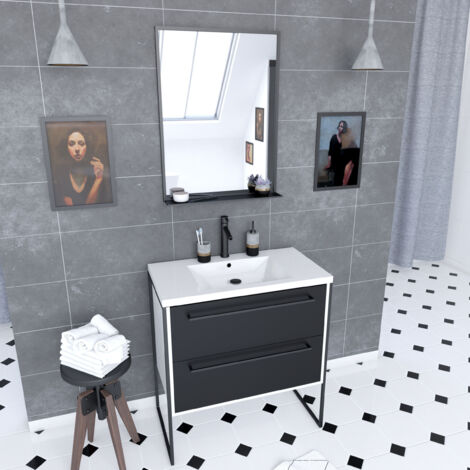 pack meuble de salle de bain 80x50 blanc - 2 tiroirs + vasque resine blanche + miroir noir mat