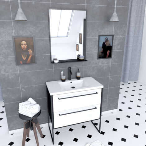 pack meuble de salle de bain 80x50 cm - 2 tiroirs blanc - vasque blanche + miroir noir mat