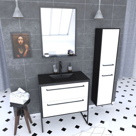 pack meuble de salle de bain 80x50 cm - 2 tiroirs blanc - vasque noir - miroir - colonne suspendu