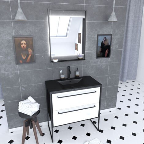 pack meuble de salle de bain 80x50 cm - 2 tiroirs - vasque résine noire effet pierre + miroir led