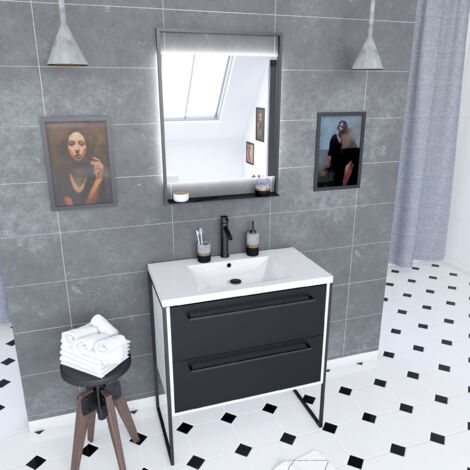 pack meuble de salle de bain 80x50 cm blanc - 2 tiroirs - vasque resine blanche - miroir led