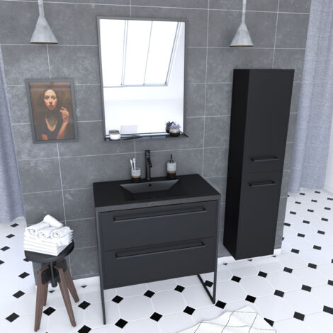 pack meuble de salle de bain 80x50 cm noir - 2 tiroirs - vasque noire - miroir - colonne suspendu