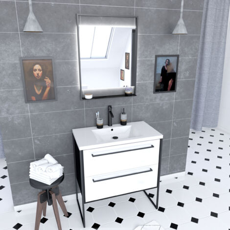 pack meuble de salle de bain 80x50 cm noir mat - 2 tiroirs blanc - vasque blanche + miroir led