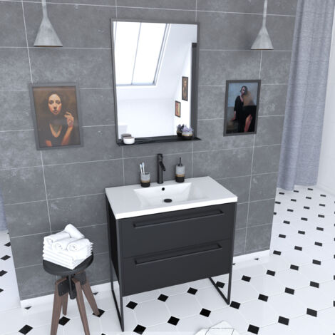 pack meuble de salle de bain 80x50 cm noir mat - 2 tiroirs noir mat - vasque blanche + miroir