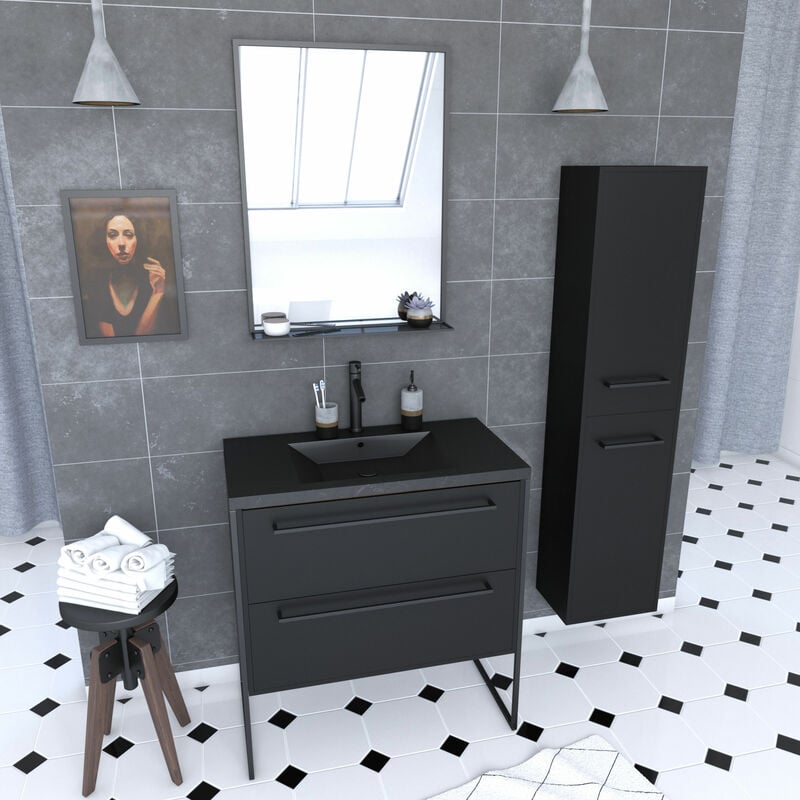 Aurlane - Pack meuble de salle de bain 80x50 cm Noir - 2 tiroirs - vasque noire - miroir - colonne suspendu