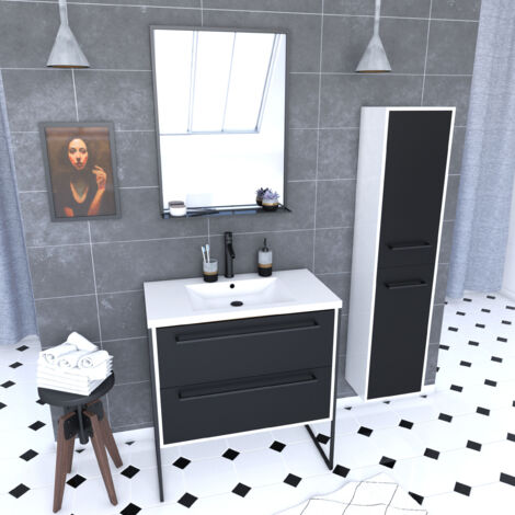 pack meuble de salle de bain 80x50 cm noir - vasque résine blanche + miroir noir mat + colonne