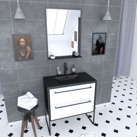 pack meuble de salle de bain 80x50cm - 2 tiroirs blanc - vasque résine noire effet pierre - miroir